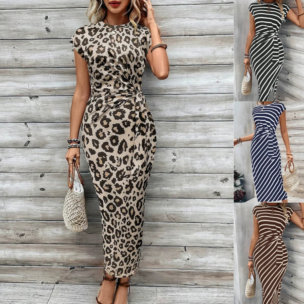Women's Tie Waist Striped Maxi Dress