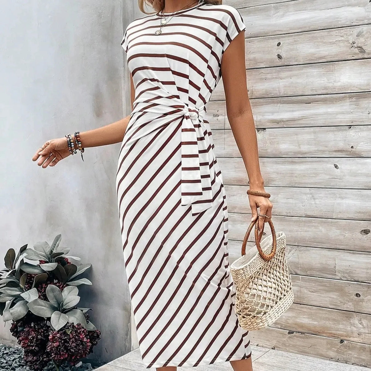 Women's Tie Waist Striped Maxi Dress