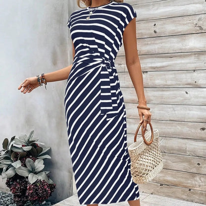 Women's Tie Waist Striped Maxi Dress