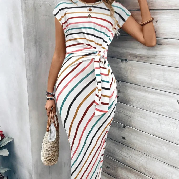 Women's Tie Waist Striped Maxi Dress