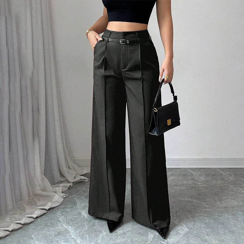 Women's Belted High-Waist Wide Leg Trousers