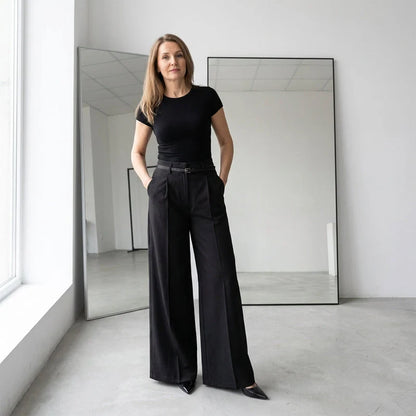 Women's Belted High-Waist Wide Leg Trousers