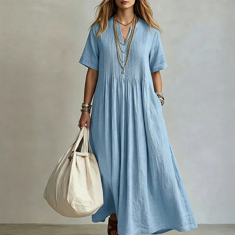Women's Pleated V Neck Maxi Dress