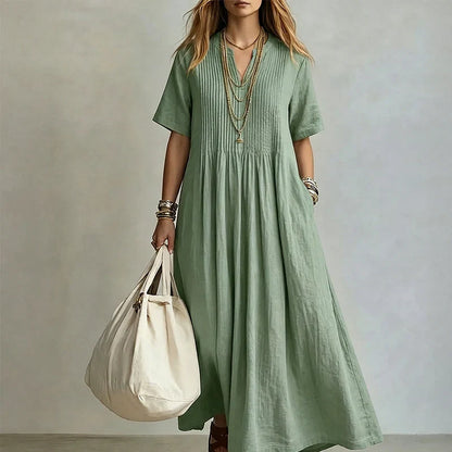 Women's Pleated V Neck Maxi Dress