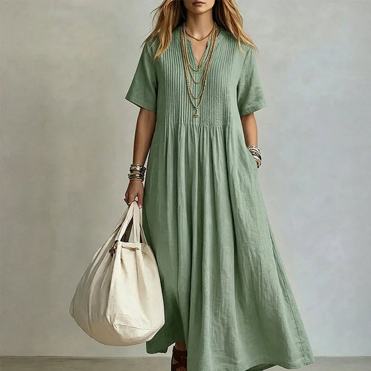 Women's Pleated V Neck Maxi Dress