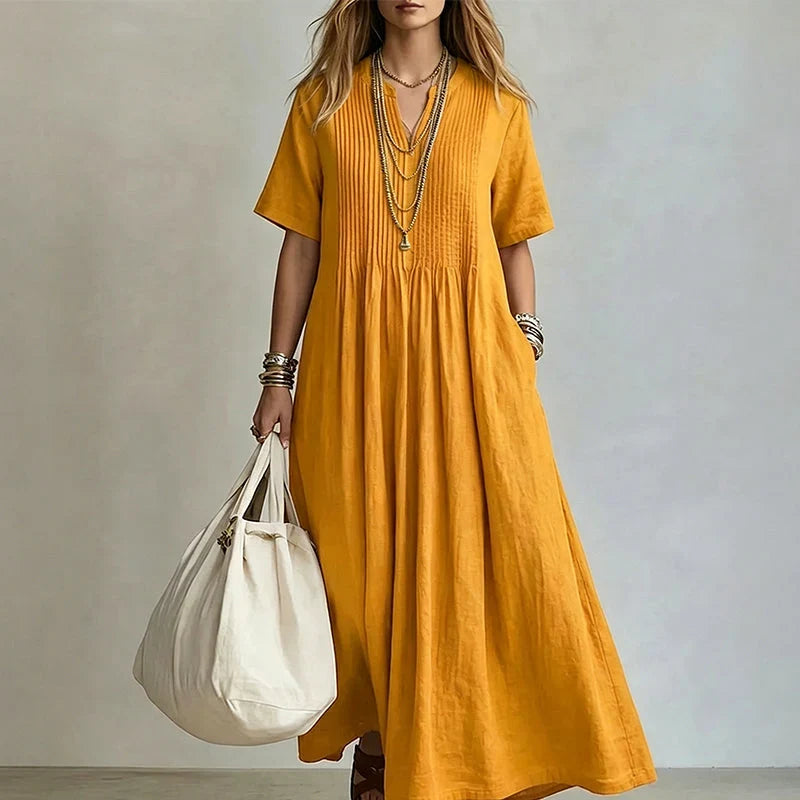 Women's Pleated V Neck Maxi Dress
