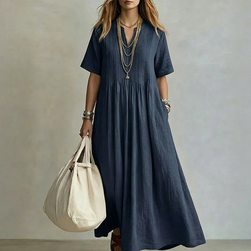 Women's Pleated V Neck Maxi Dress