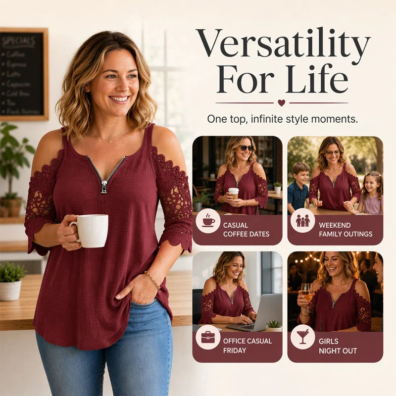 Women's Lace Cold Shoulder Zip Top