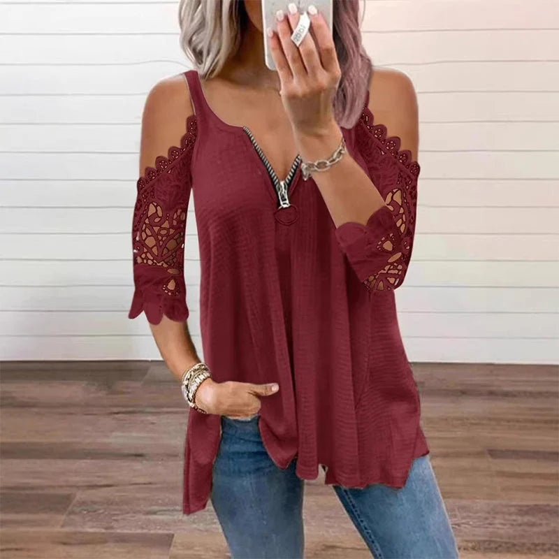 Women's Lace Cold Shoulder Zip Top