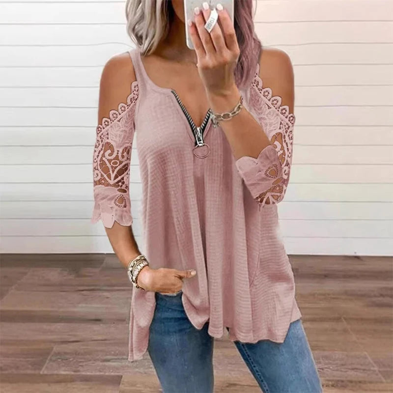 Women's Lace Cold Shoulder Zip Top