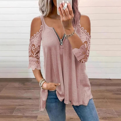 Women's Lace Cold Shoulder Zip Top
