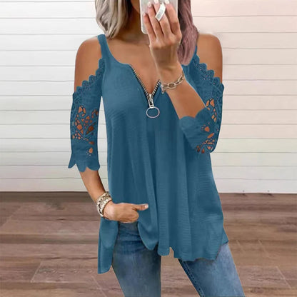 Women's Lace Cold Shoulder Zip Top