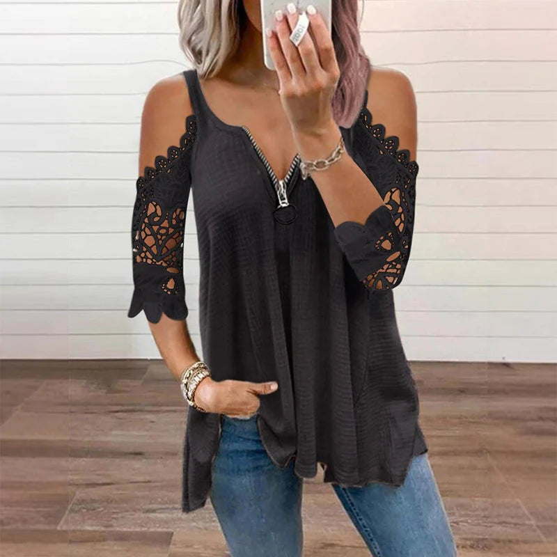 Women's Lace Cold Shoulder Zip Top