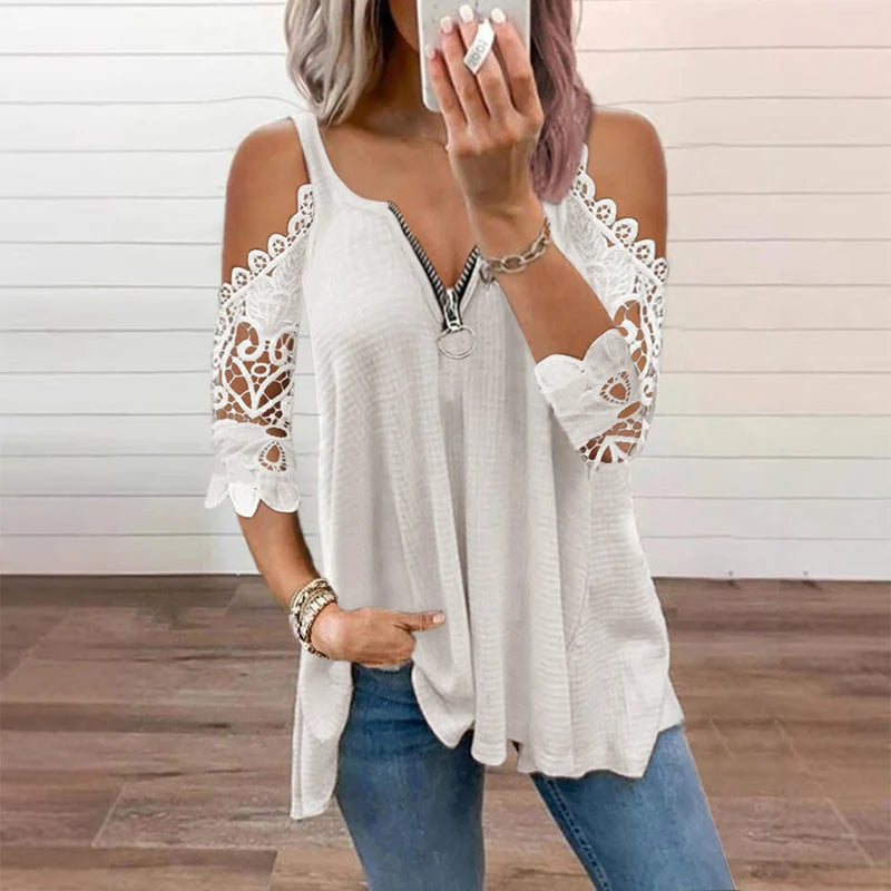 Women's Lace Cold Shoulder Zip Top