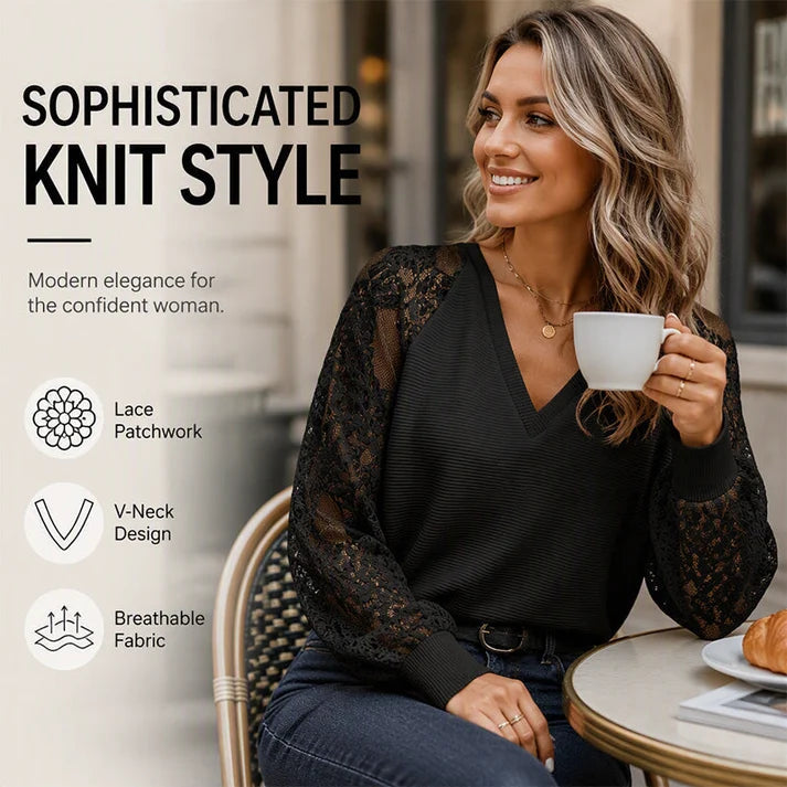 Women's Lace Detail V Neck Knit Top