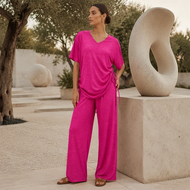 Women's Drawstring V-Neck Top & Wide Leg Trouser Set