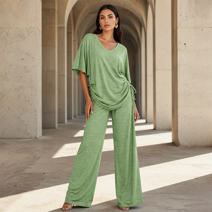 Women's Drawstring V-Neck Top & Wide Leg Trouser Set