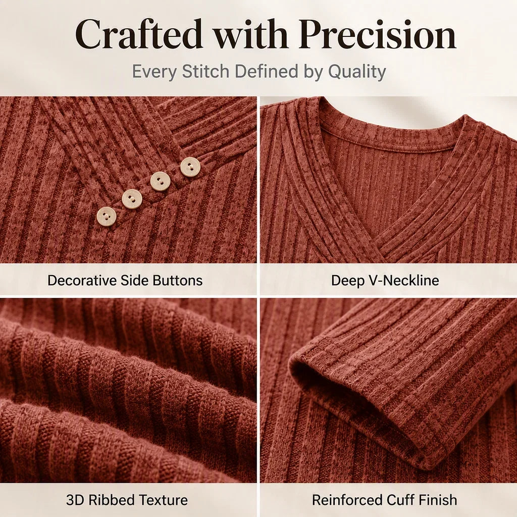 Women's Ribbed V-Neck Button Detail Top