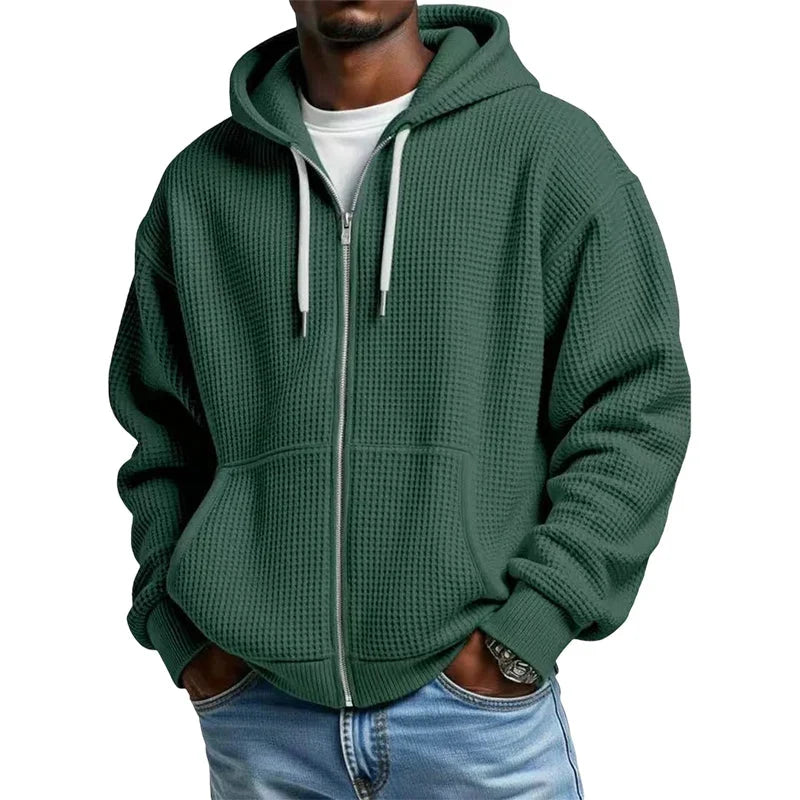 Men's Waffle Texture Zip Hooded Jacket