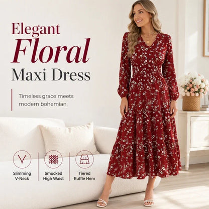 Women's Floral V-Neck Ruffle Maxi Dress