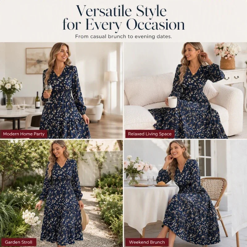 Women's Floral V-Neck Ruffle Maxi Dress