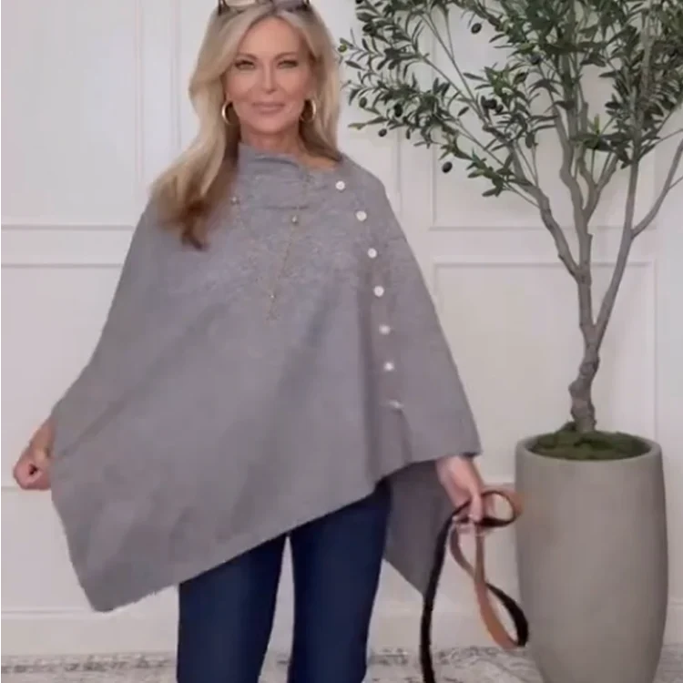 Women's Asymmetric Side Button Poncho