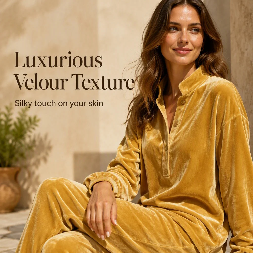 Women's Velour Button-Up Wide Leg Set