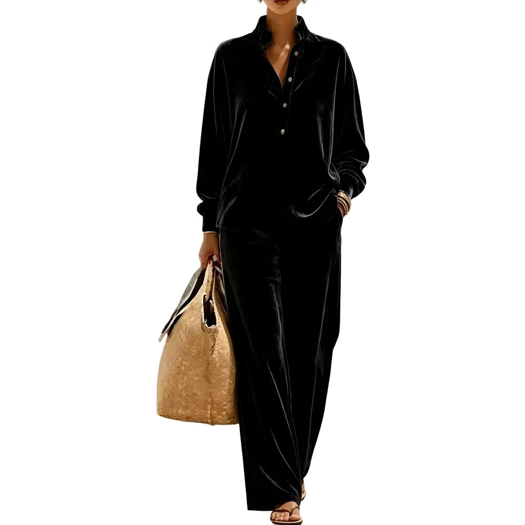 Women's Velour Button-Up Wide Leg Set