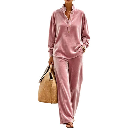 Women's Velour Button-Up Wide Leg Set