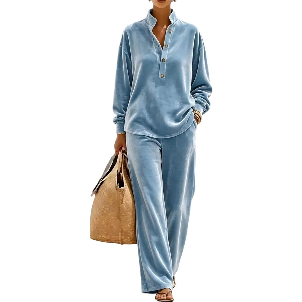 Women's Velour Button-Up Wide Leg Set