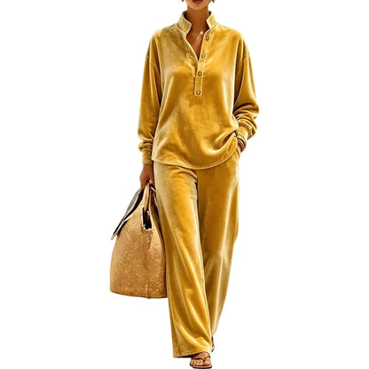 Women's Velour Button-Up Wide Leg Set
