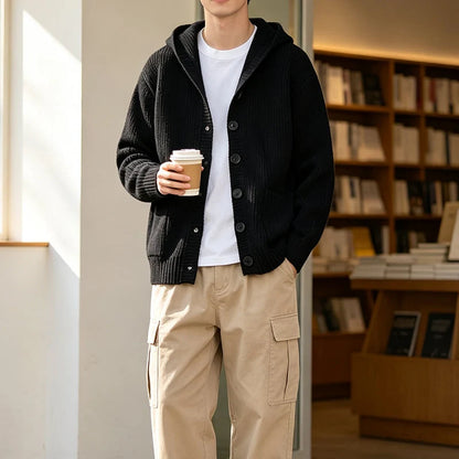 Unisex Textured Hooded Knit Cardigan