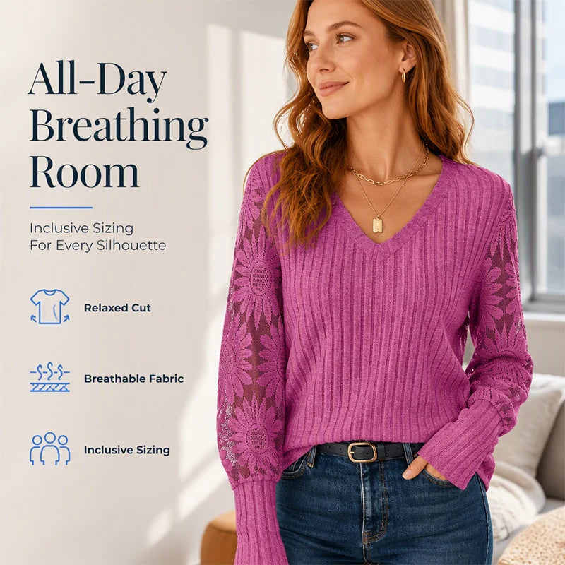 Women's Lace V Neck Relaxed Top