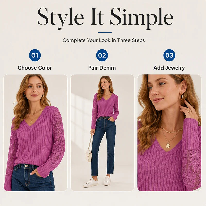 Women's Lace V Neck Relaxed Top
