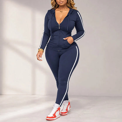 Women's Striped Zip Hoodie & Trousers Set