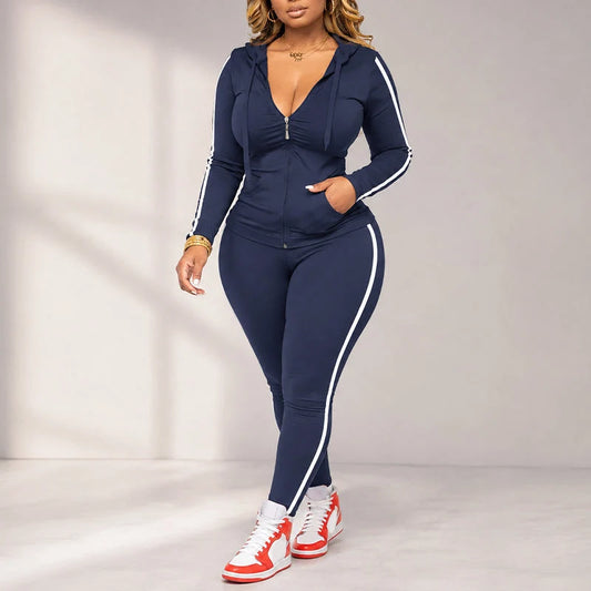 Women's Striped Zip Hoodie & Trousers Set