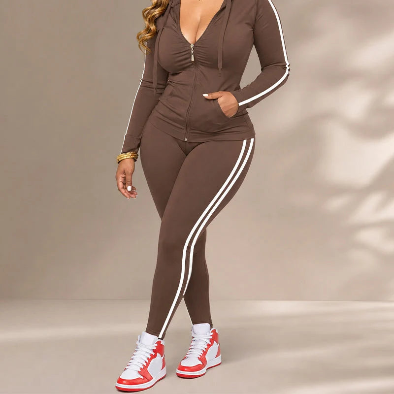 Women's Striped Zip Hoodie & Trousers Set