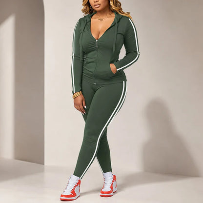 Women's Striped Zip Hoodie & Trousers Set