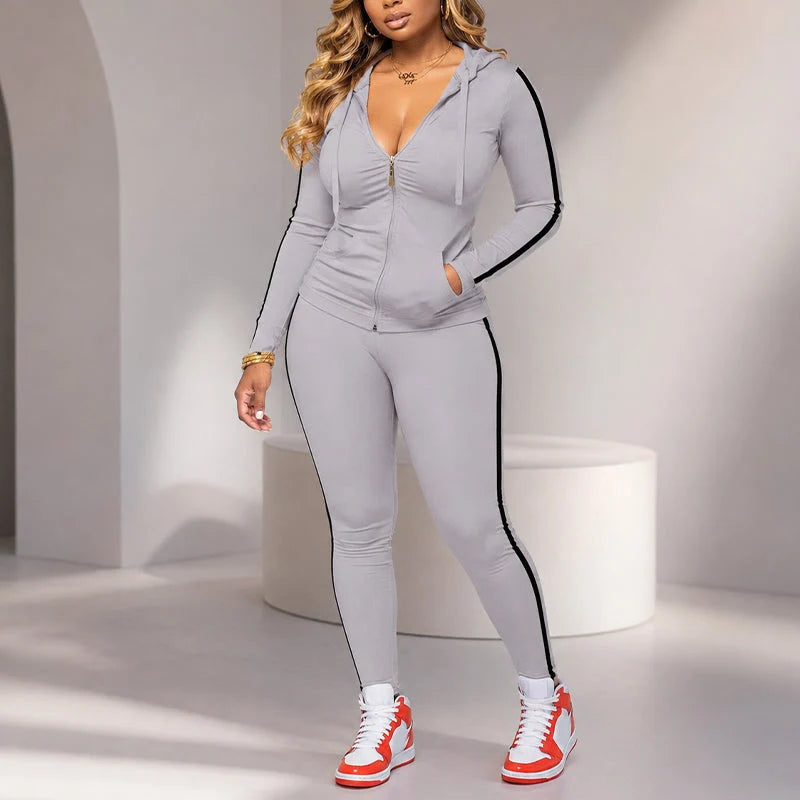 Women's Striped Zip Hoodie & Trousers Set