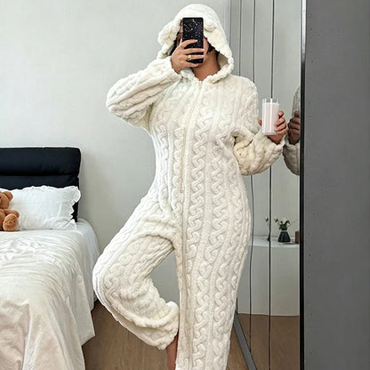 Women's Cable Knit Bear Hooded Onesie