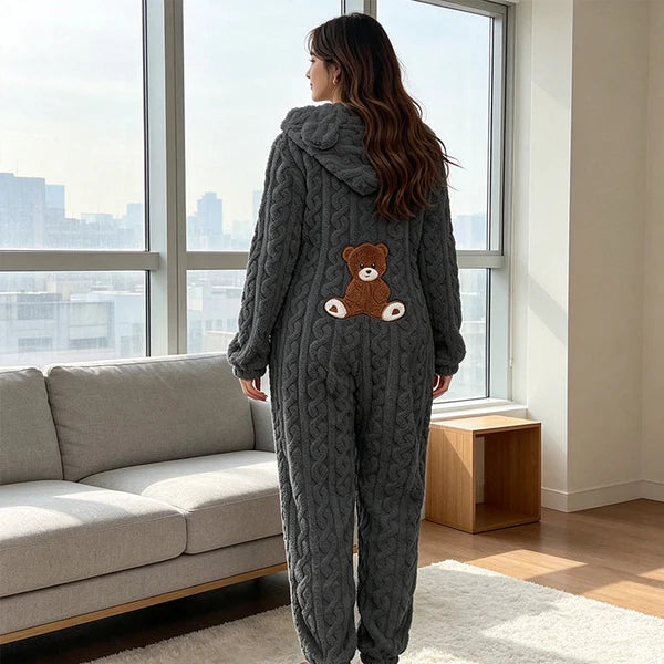 Women's Cable Knit Bear Hooded Onesie