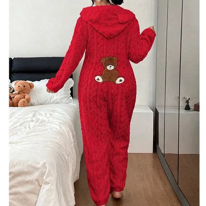 Women's Cable Knit Bear Hooded Onesie