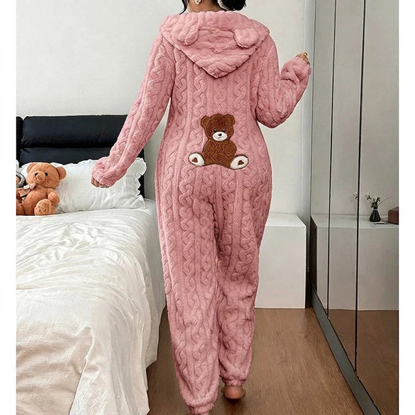 Women's Cable Knit Bear Hooded Onesie