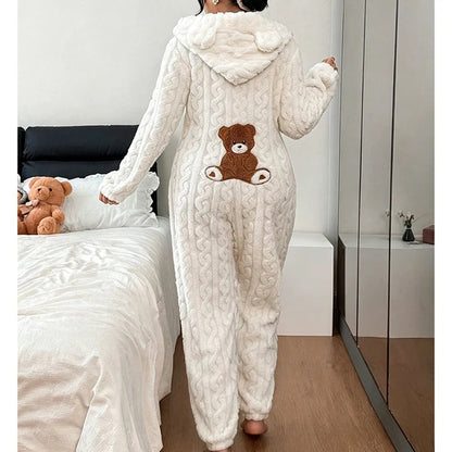 Women's Cable Knit Bear Hooded Onesie