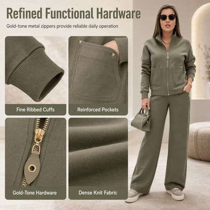Women's Zip-Up Wide Leg Two Piece Set