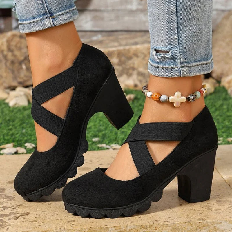 Women's Cross Strap Chunky Heel Shoes