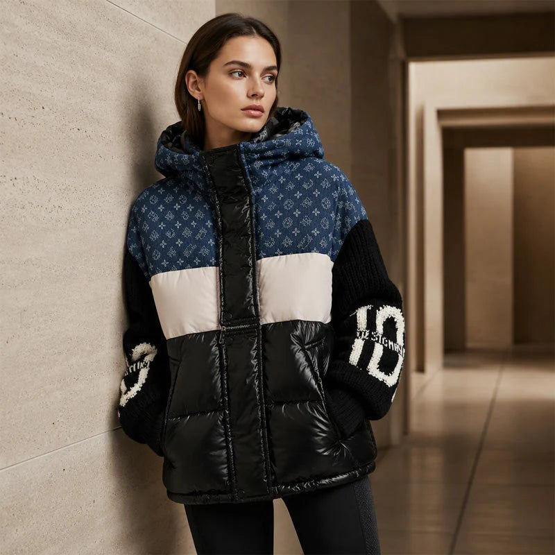 Women's Patchwork Knit-Sleeve Puffer Jacket