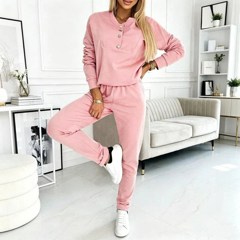 Women's Relaxed Button Neck Two Piece Set