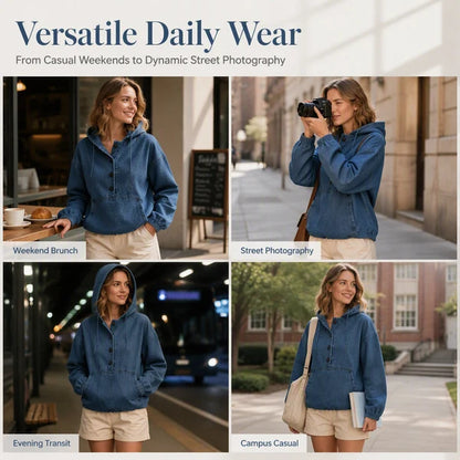 Women's Oversized Denim Button Hoodie