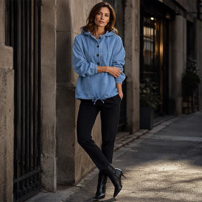 Women's Oversized Denim Button Hoodie